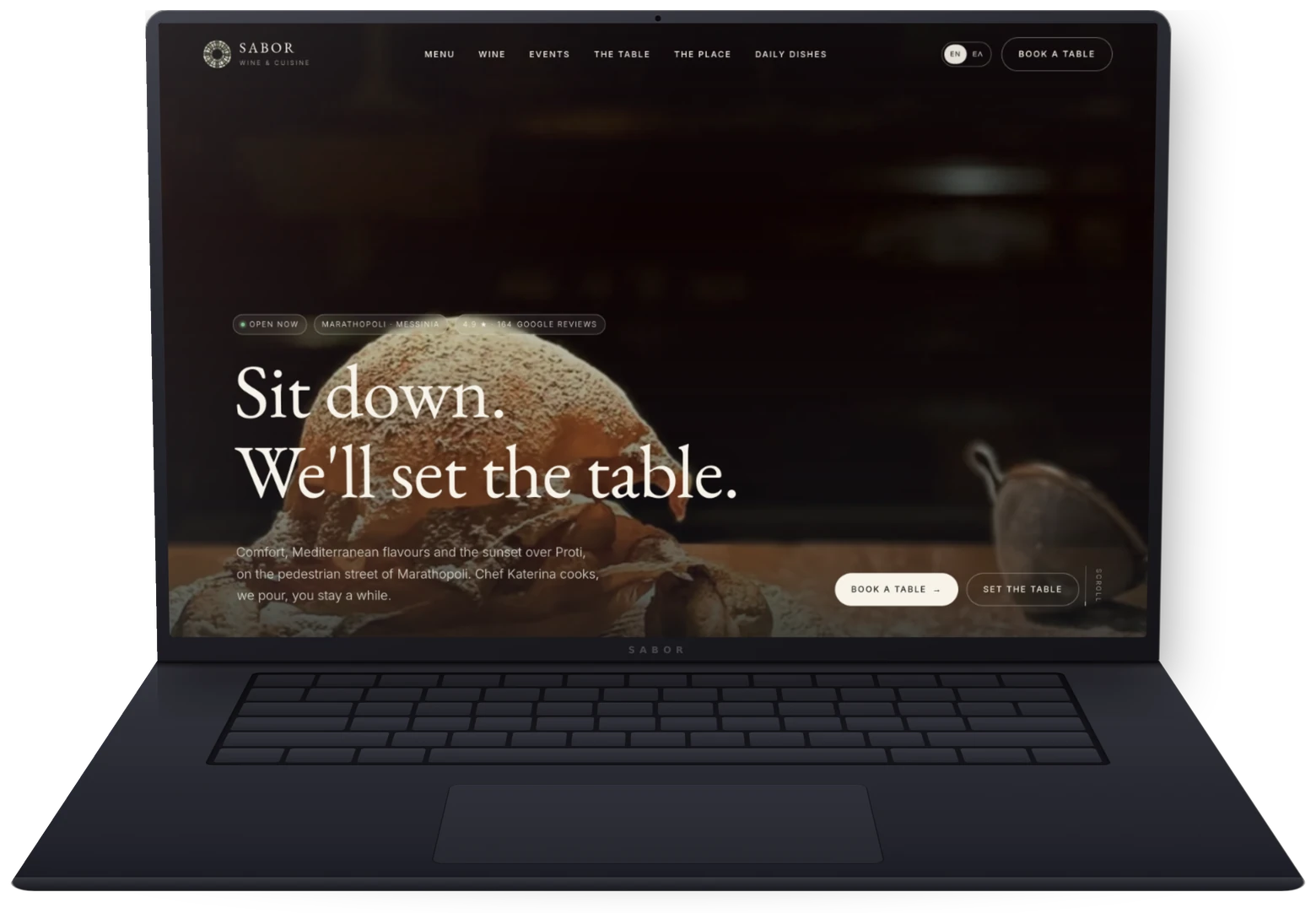 Sabor Wine & Cuisine — η ιστοσελίδα εστιατορίου που σχεδιάσαμε και κατασκευάσαμε. Δες το live site.